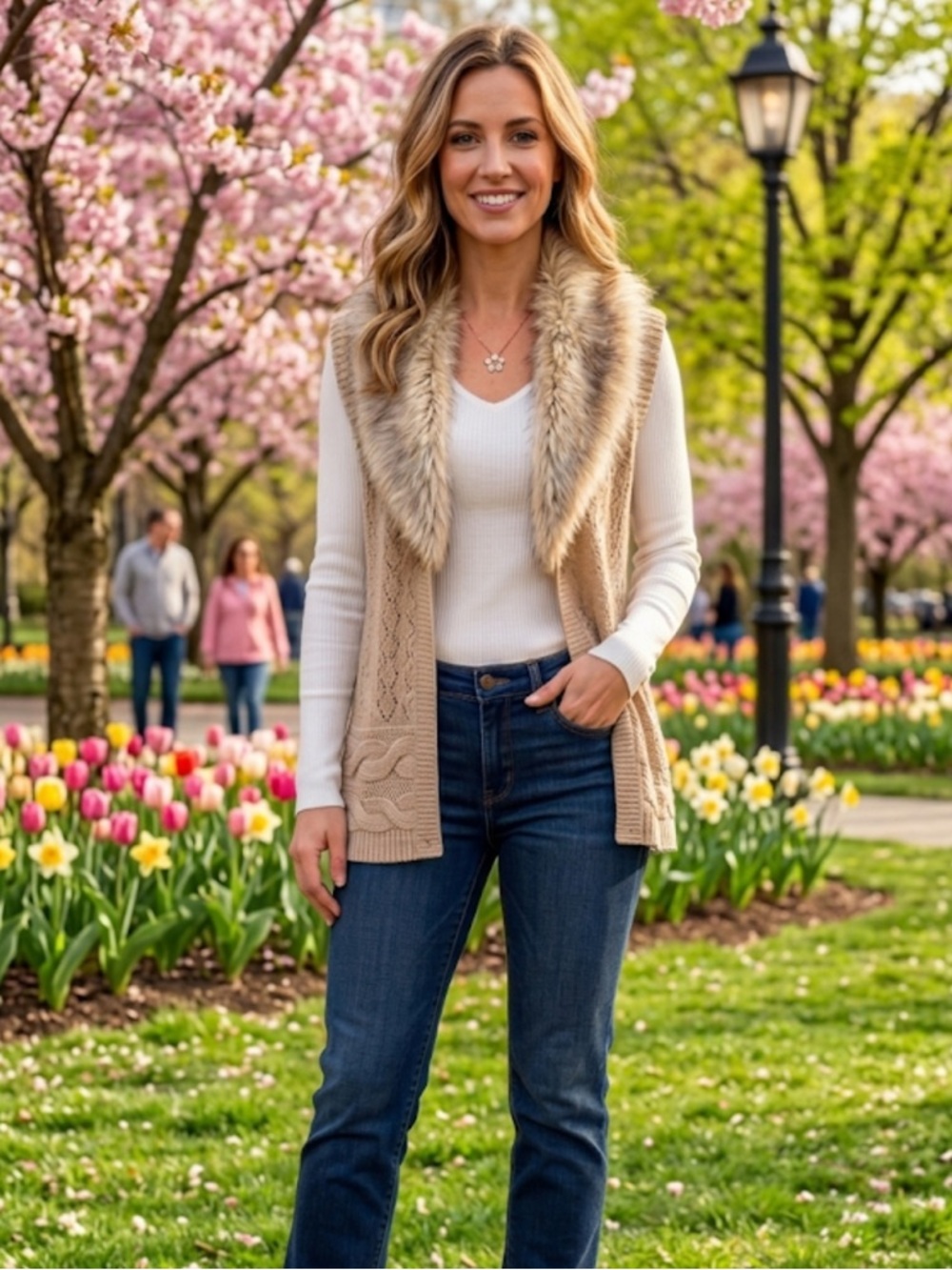 LOFT Faux Fur Collar Cable Knit Vest M Oatmeal Wool Alpaca Blend Luxe Mob Wife
